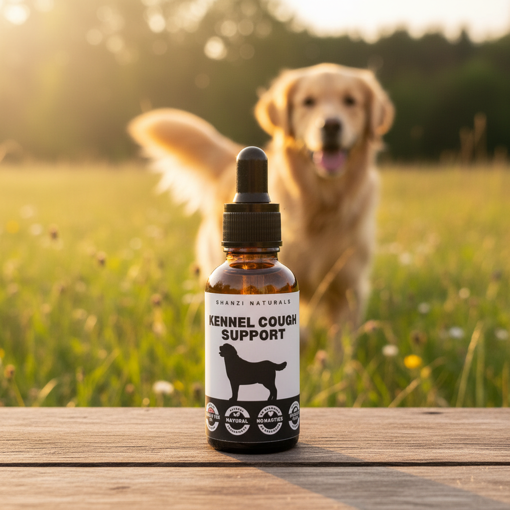 Amber dropper bottle with black cap and Kennel Cough Support label
