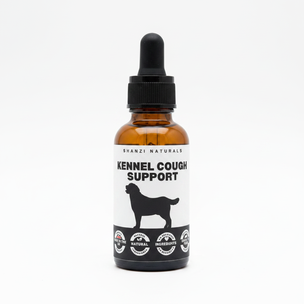 Amber glass dropper bottle with black dropper top; Kennel Cough Support label