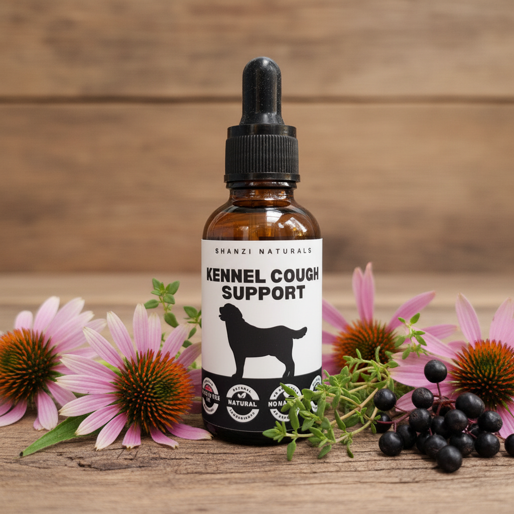 Amber glass dropper bottle with black dropper cap and Kennel Cough Support label