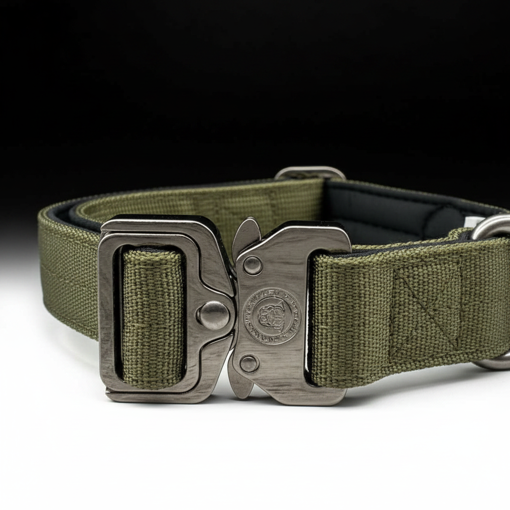 Khaki green dog collar close-up with silver buckle, rivets, and stitched webbing