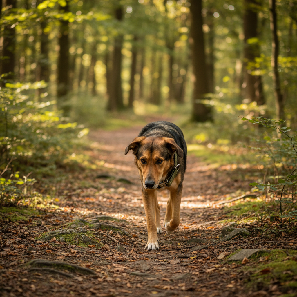 Khaki green dog collar on a walking dog, metal buckle visible