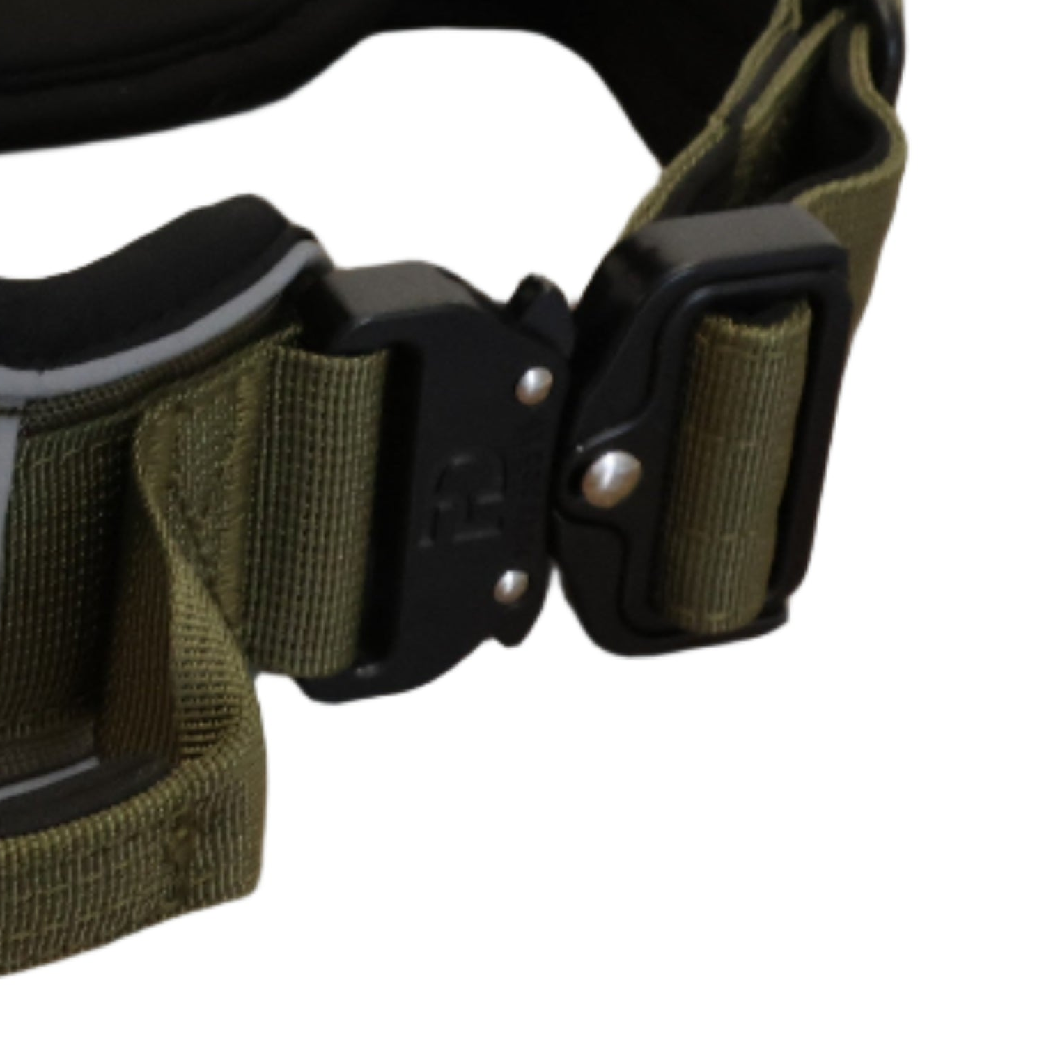 Khaki dog harness with padded strap ends and plastic buckles with snaps