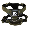 Khaki dog comfort harness with Pure Dog K9 logo, front ring and padded straps