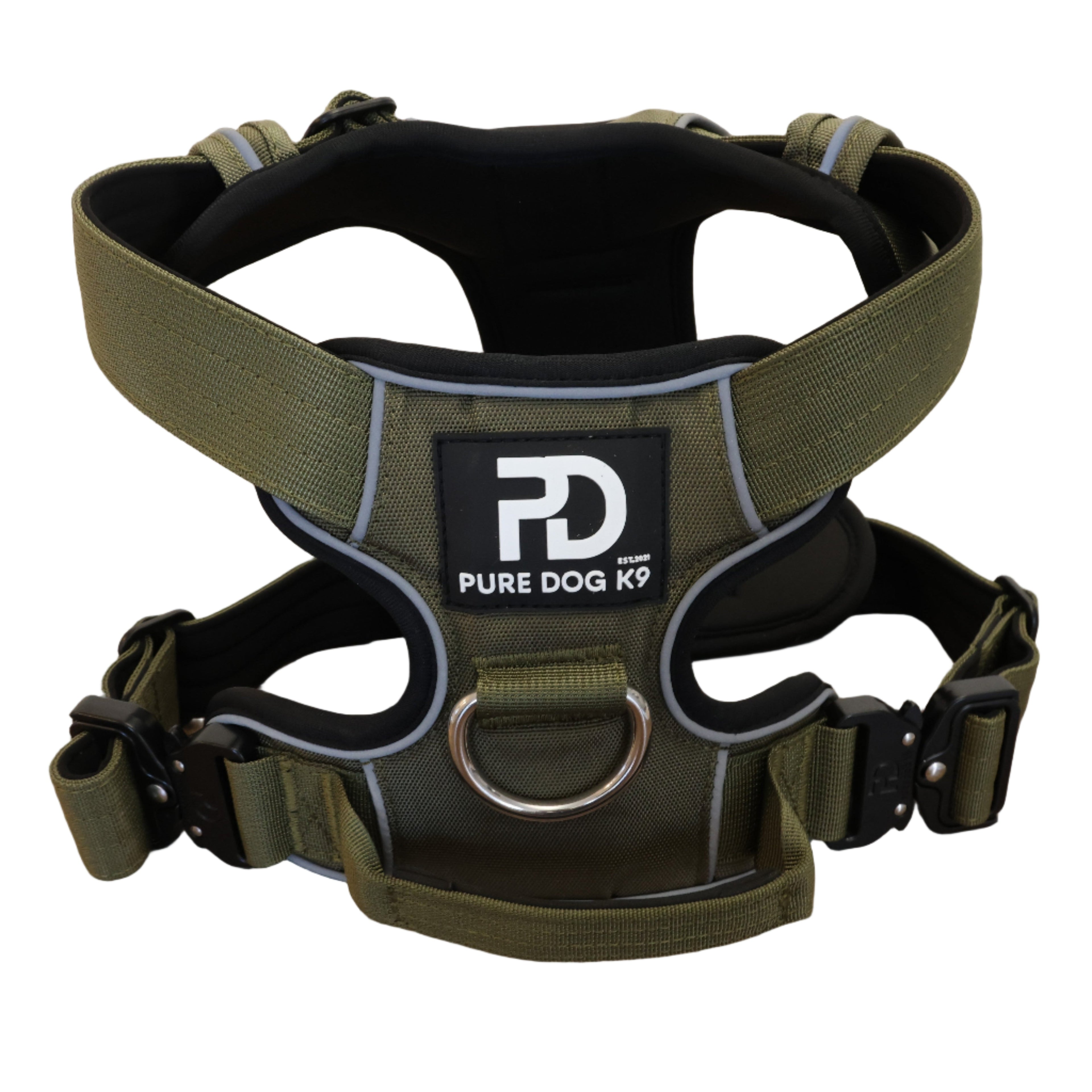 Khaki dog comfort harness with Pure Dog K9 logo, front ring and padded straps