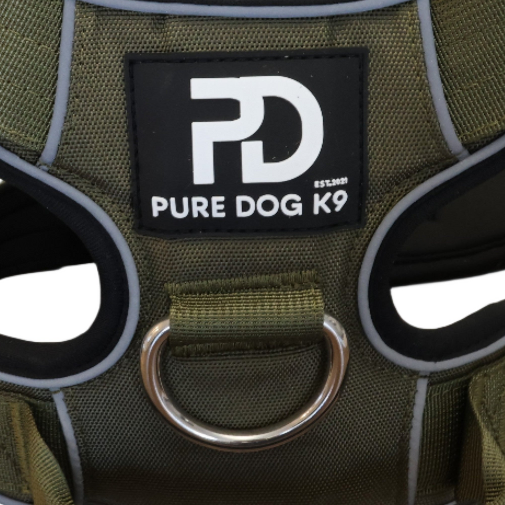 Khaki dog harness front patch with Pure Dog K9 logo and metal D-ring
