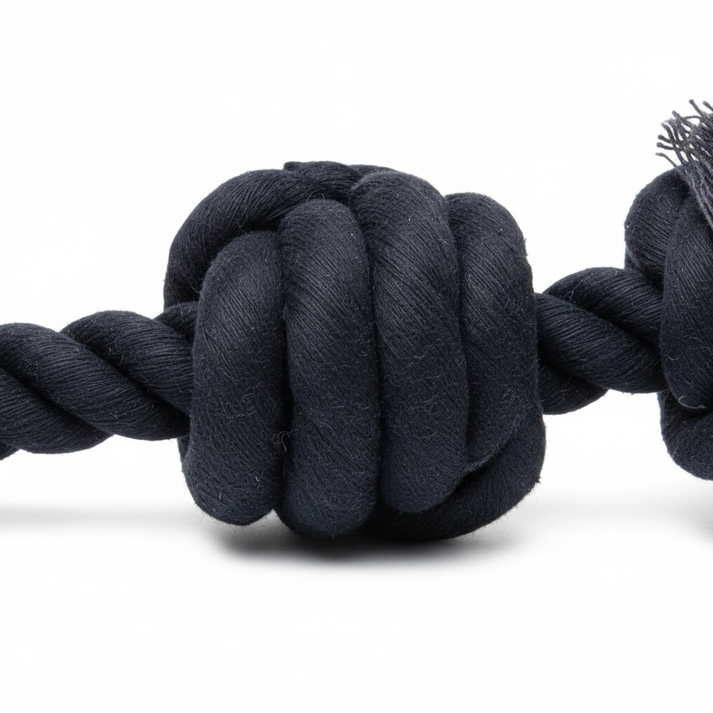 Dark cotton rope knot with braided texture and twisted fibers