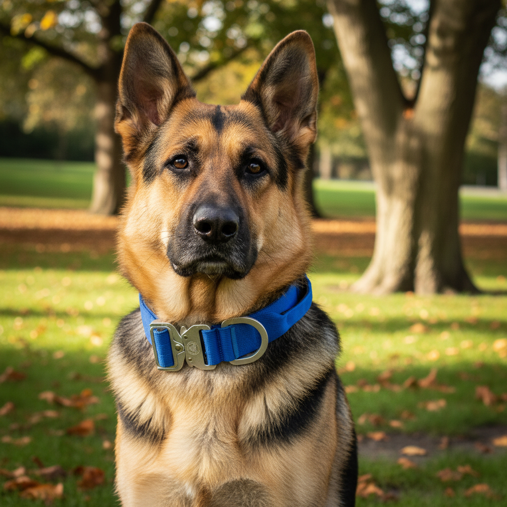 German shepherd wearing blue tactical dog collar with metal buckle