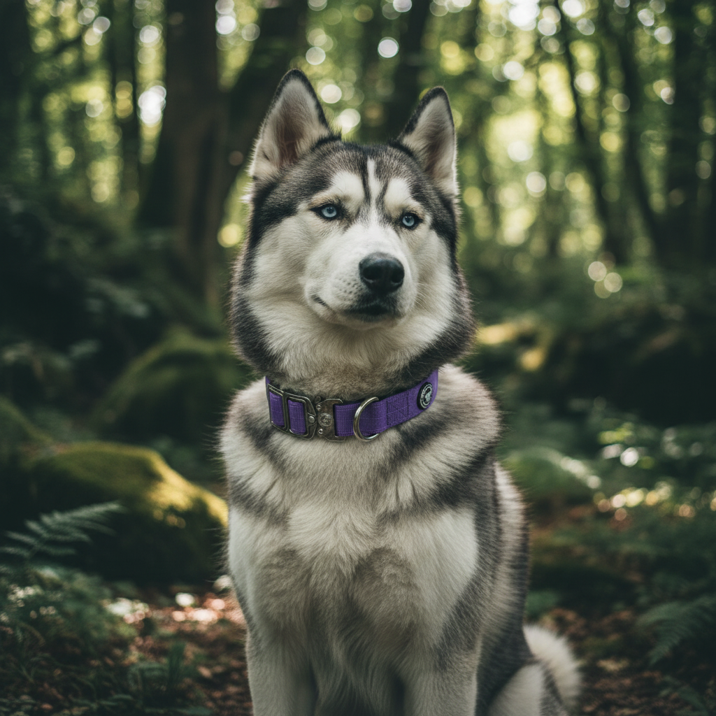 Lavender purple tactical dog collar on a husky with metal D-ring and buckle