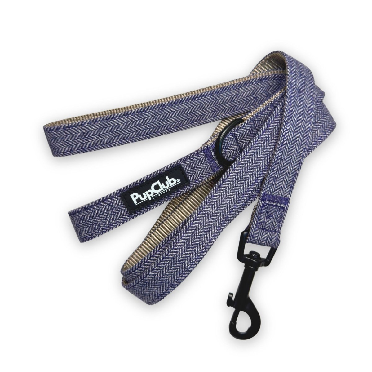 Blue tweed dog lead with PupClub logo and metal clasp