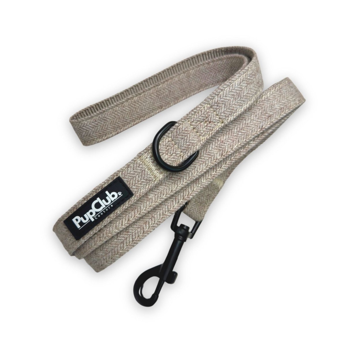 Brown tweed dog lead with adjustable strap and black metal clips