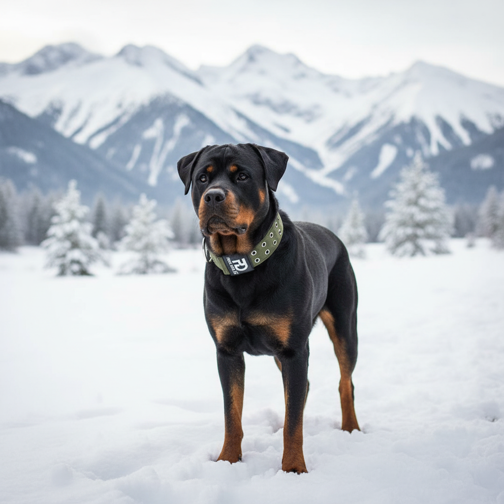 Olive sport dog collar with studs, metal ring, and black buckle