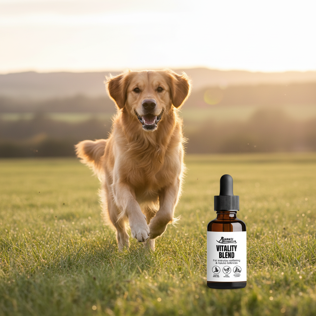 Vitality Blend tincture bottle with dropper beside golden retriever in field