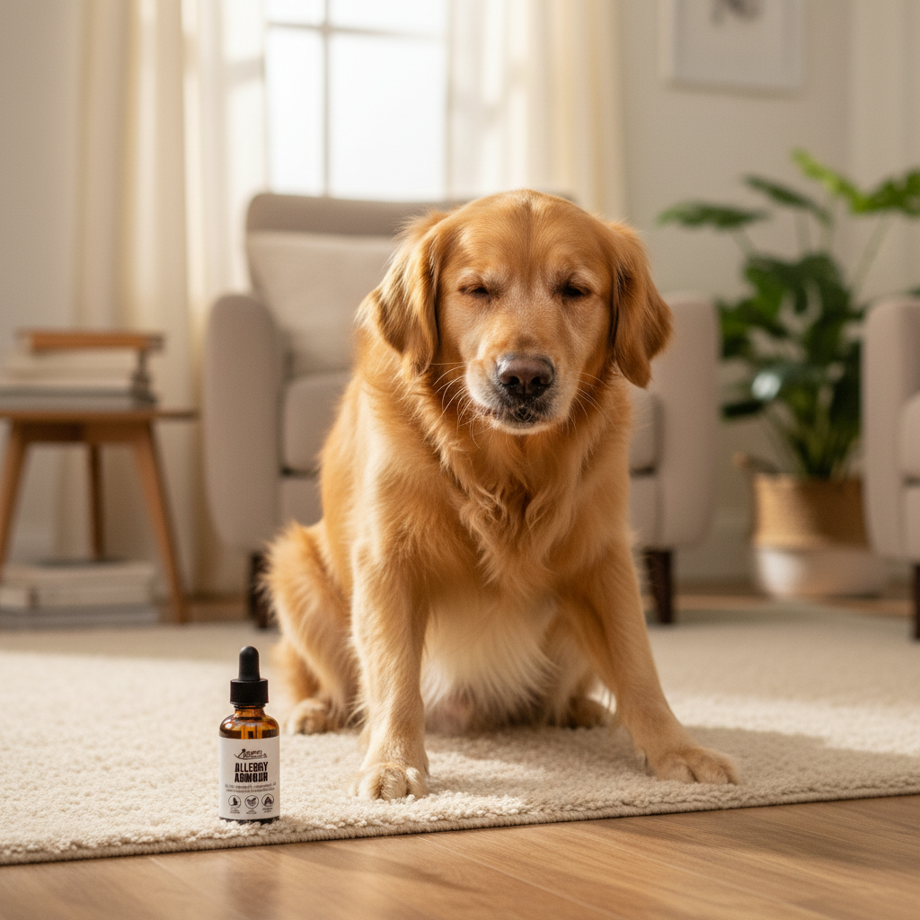 Tincture bottle with black dropper beside a golden retriever on a rug