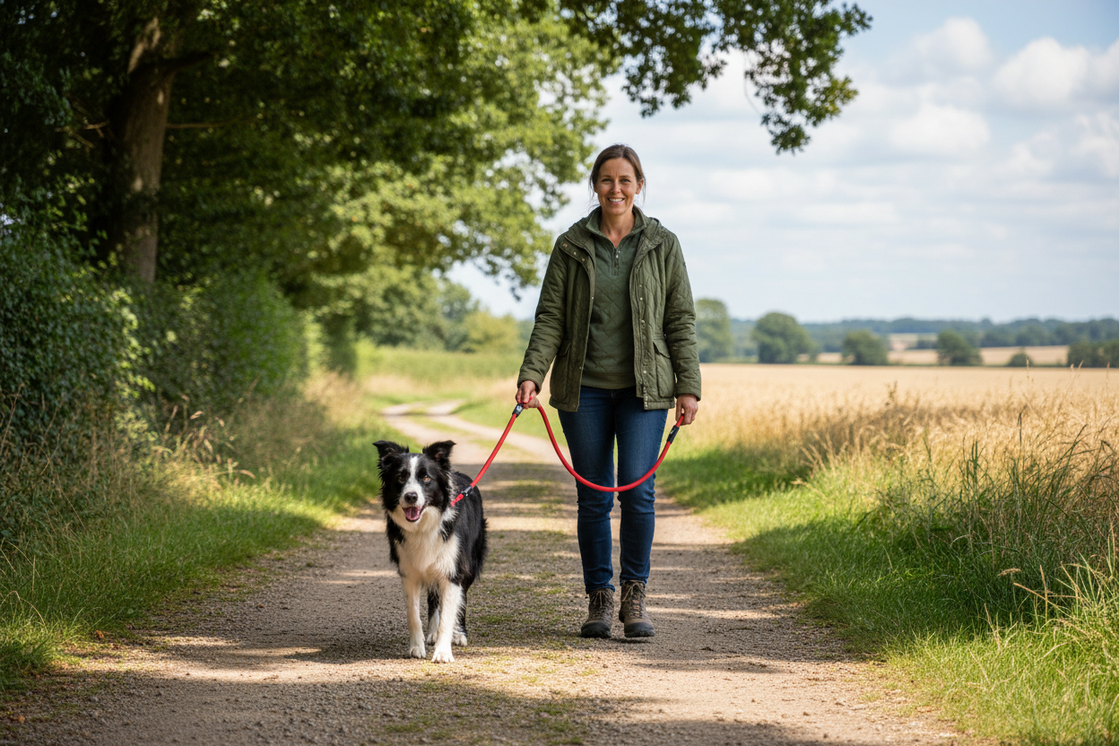 Red slip lead with black handle held by person while attached to dog