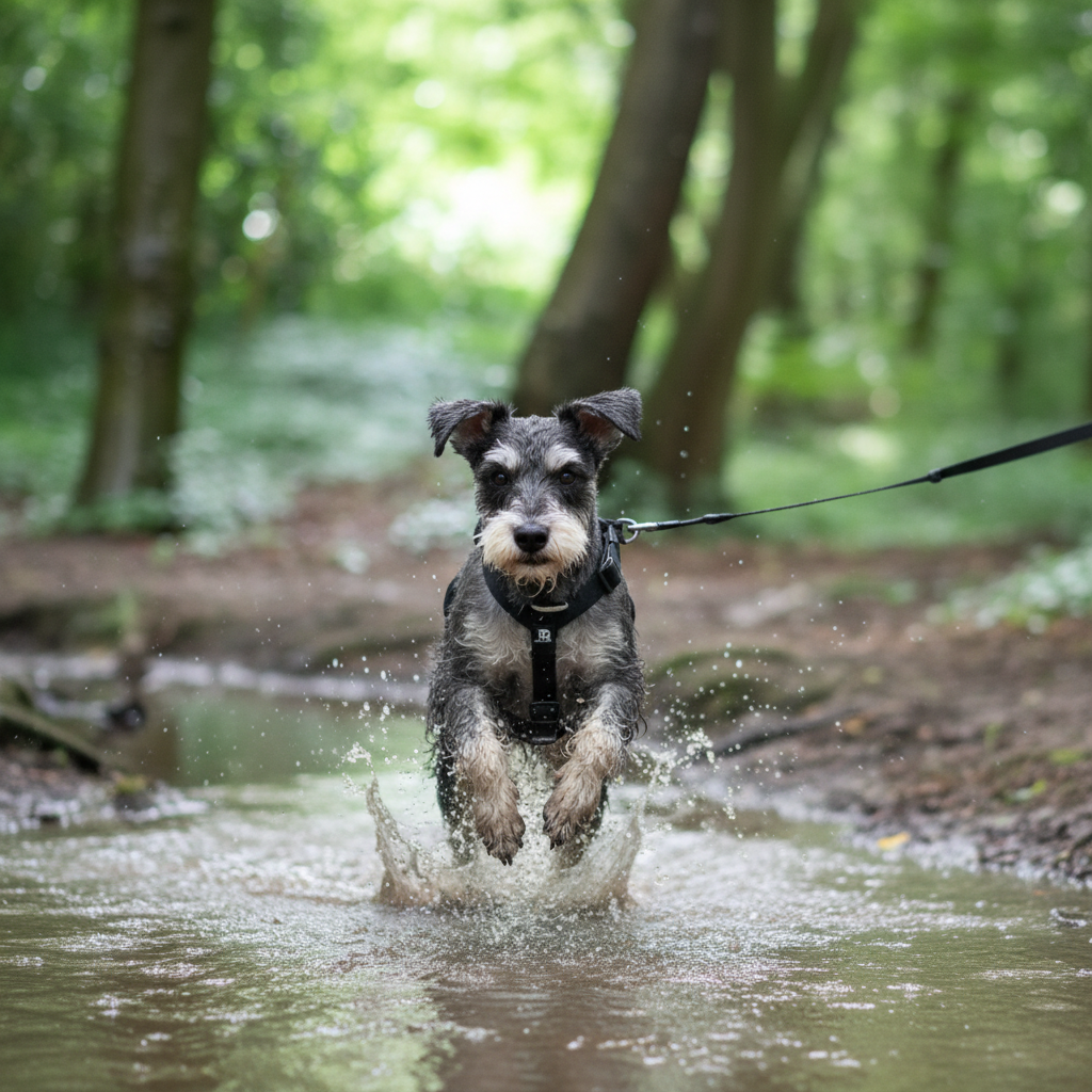 Black dog harness on small terrier dog running through shallow water