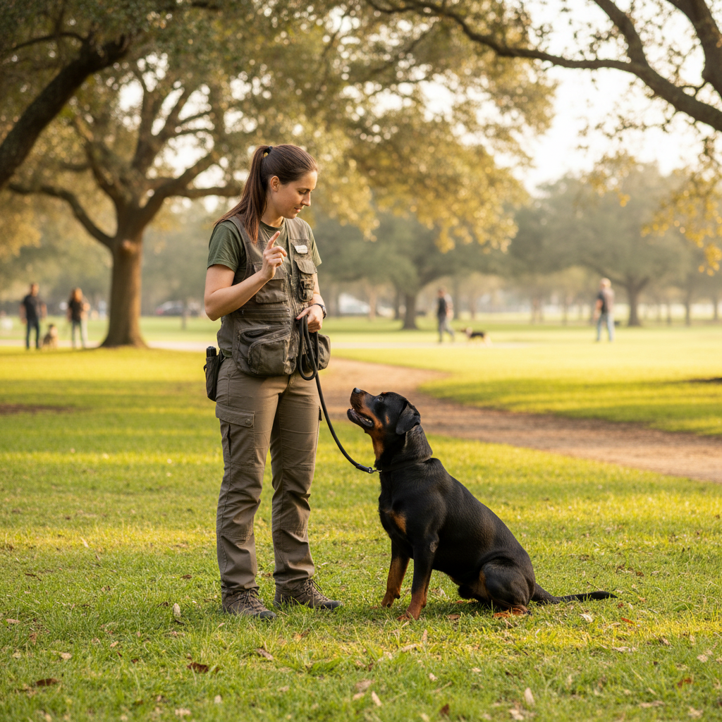 Dog on grass wearing nylon slip lead, dark color, handler holding leash