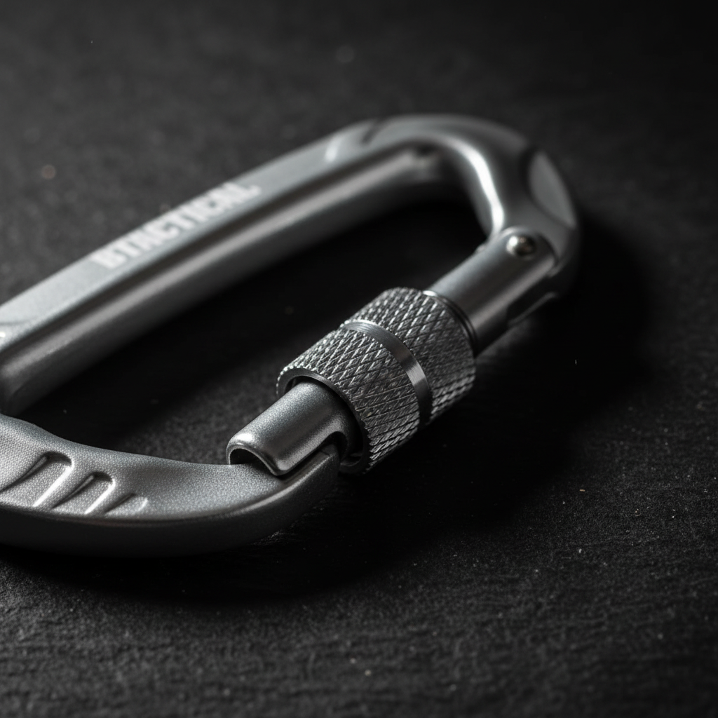 Aluminum carabiner clip with locking sleeve and textured grip, silver-gray