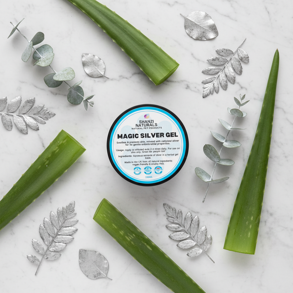 Magic Silver Gel jar with Shanzi Naturals label, surrounded by aloe vera slices