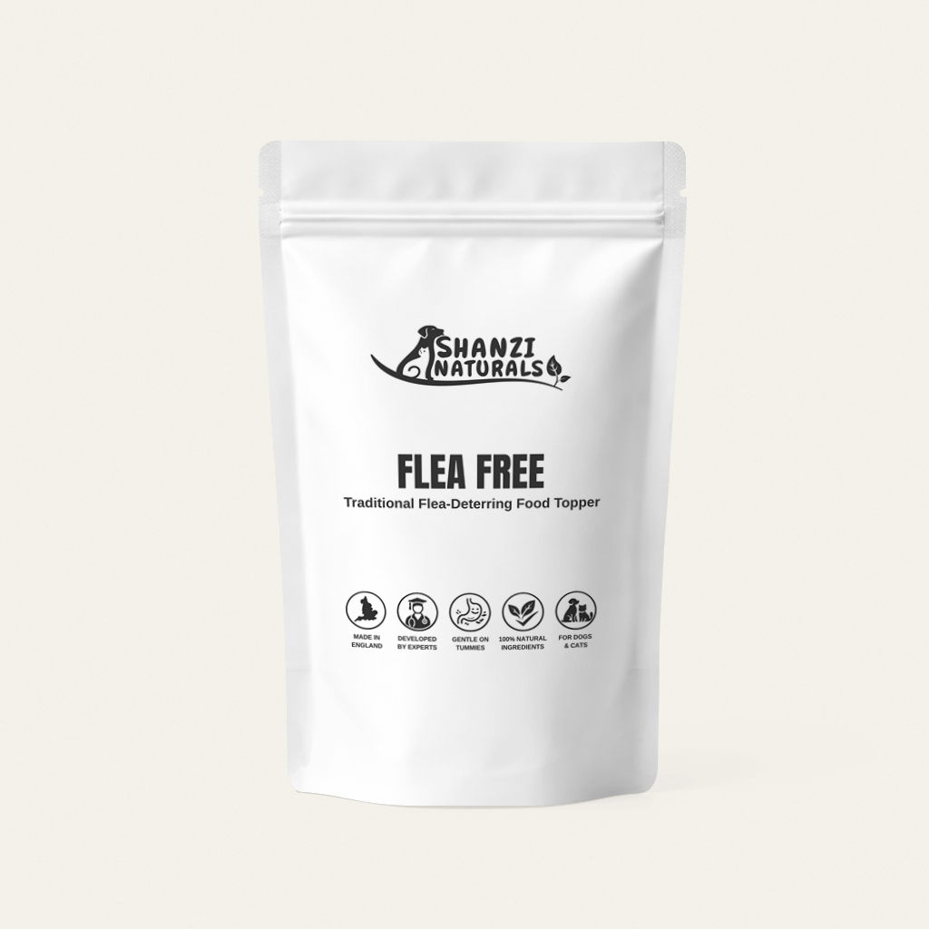 Shani Naturals food topper pouch, white stand-up bag with logo
