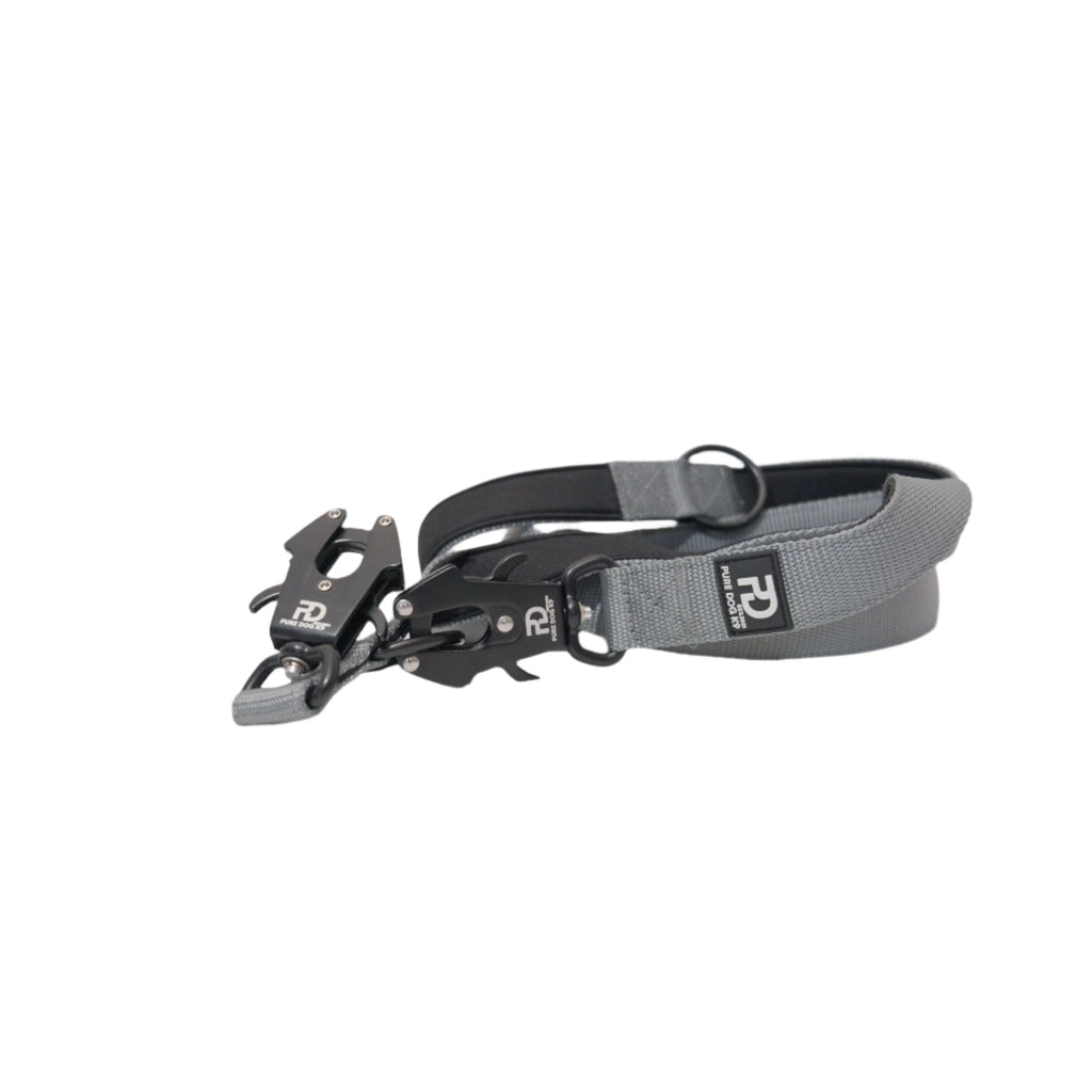 Grey dog lead with adjustable strap, black buckle, and double ring clips