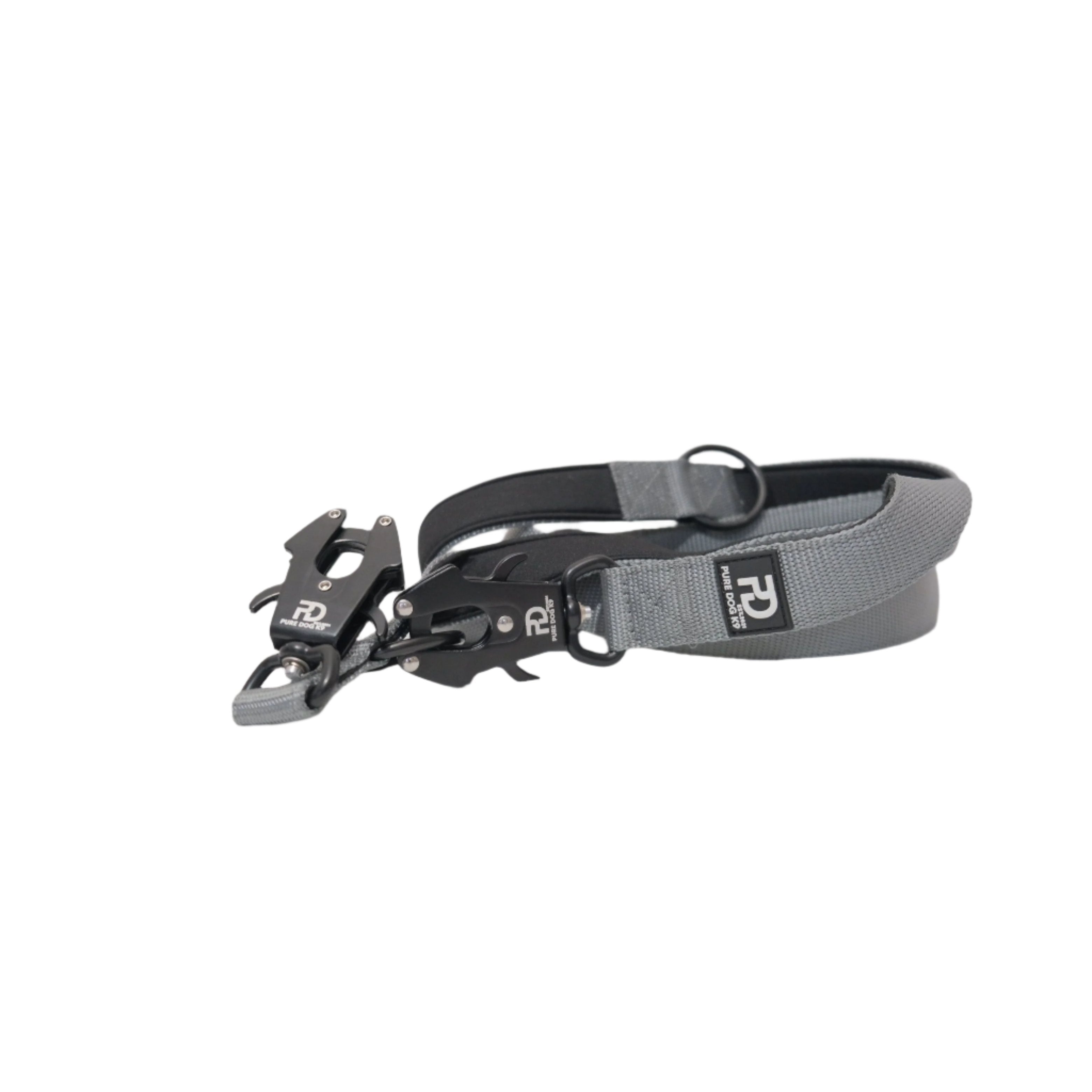Grey dog lead with adjustable strap, black buckle, and double ring clips