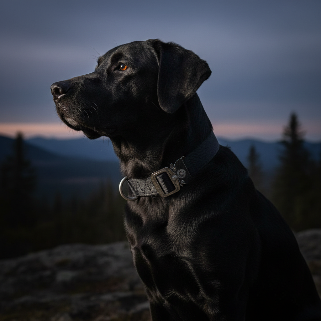 Black dog wearing tactical collar with metal buckle and D-ring at neck