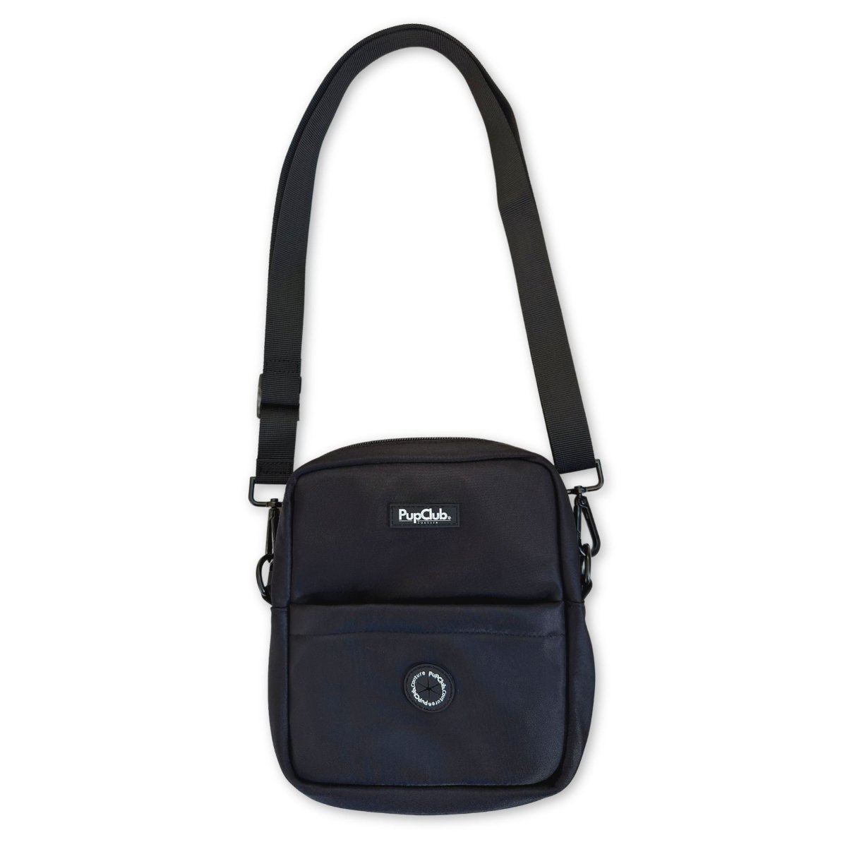 Black mini dog walking bag with curved front pocket and adjustable crossbody strap