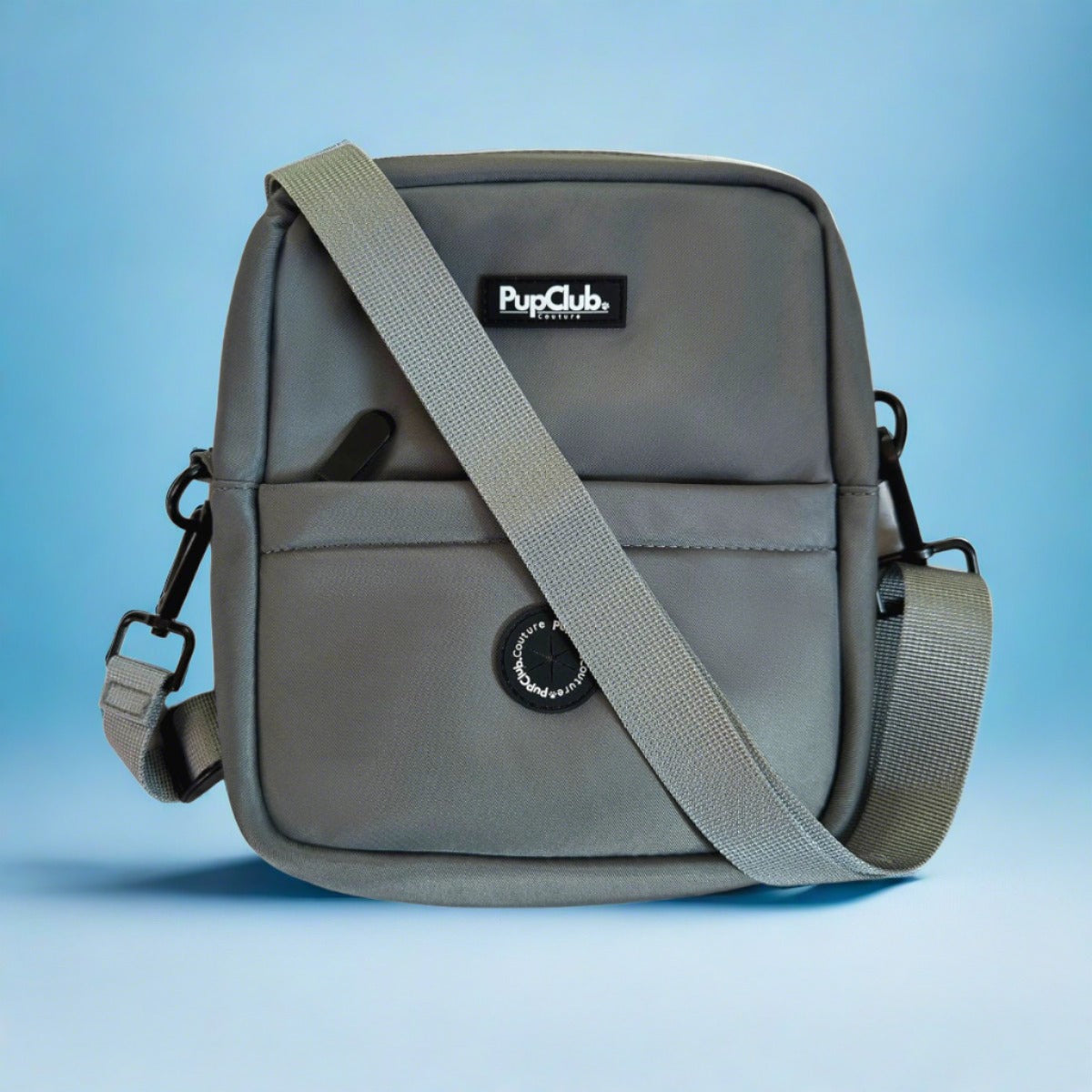 Mini dog walking bag in grey with crossbody strap and front pocket