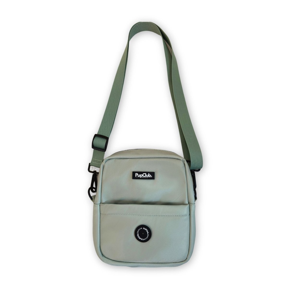 Mini dog walking bag, sage green front view with adjustable shoulder strap