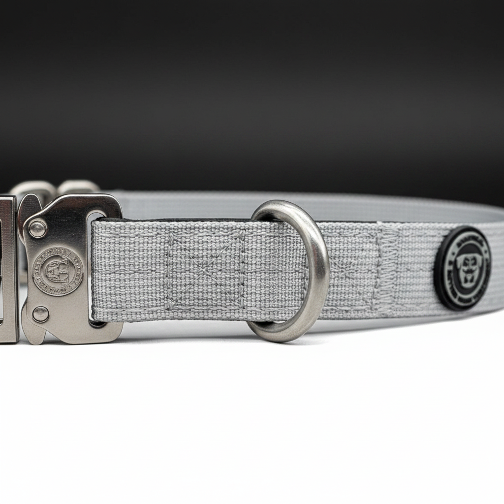 Misty grey fabric dog collar close-up with metal D-ring, buckle, and round badge
