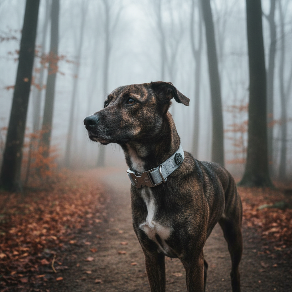 Misty grey tactical dog collar on a black and brown dog, metal D-ring and buckle