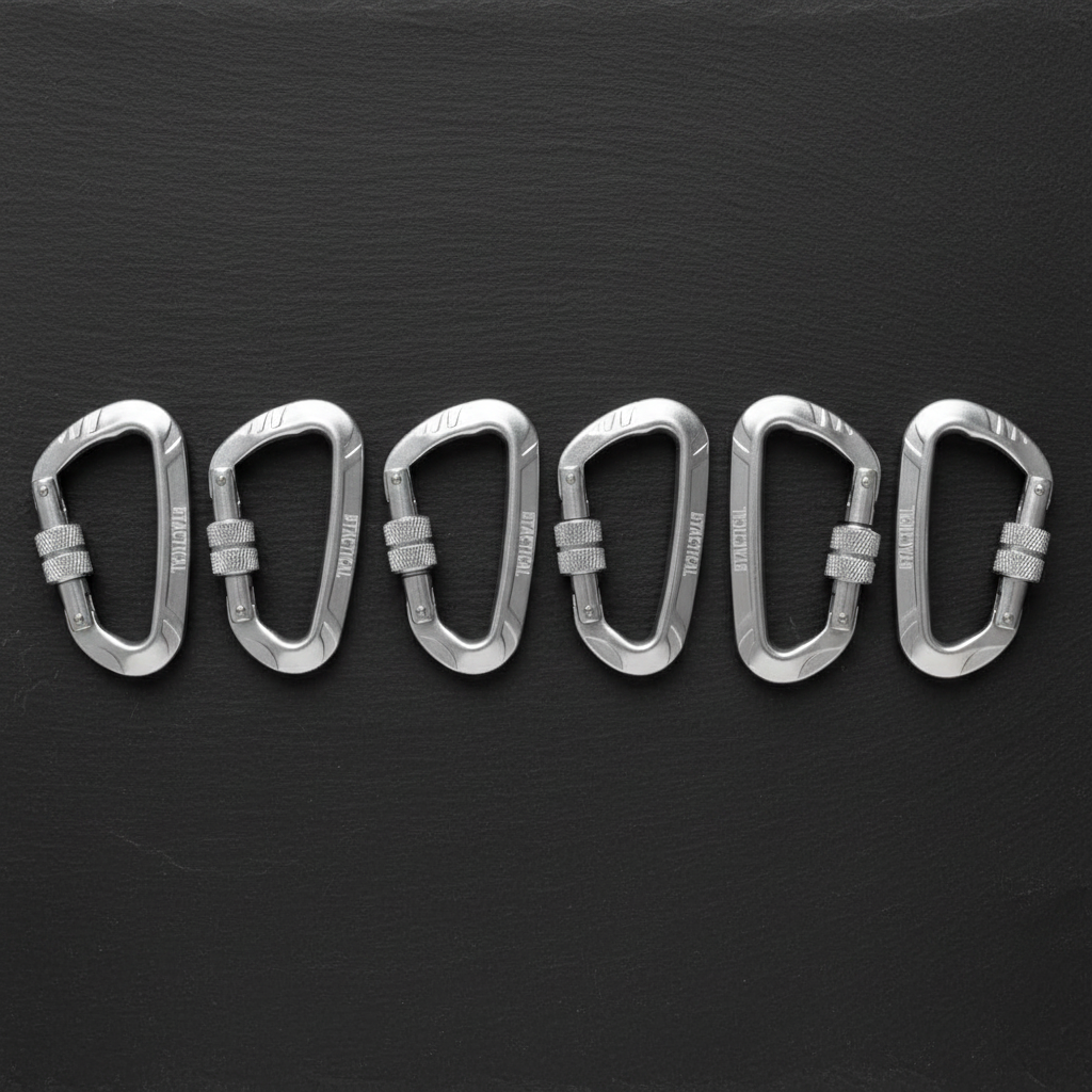 Set of six aluminum carabiner clips with screw-pin locks and textured grips, silver