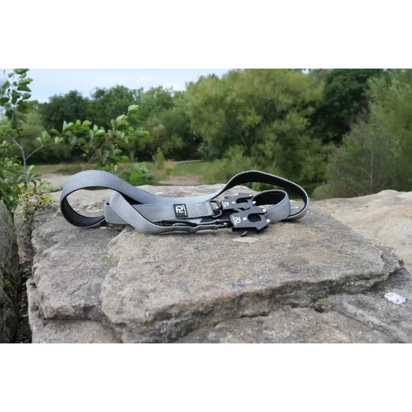 Grey dual-clip dog lead with adjustable strap and clip connections
