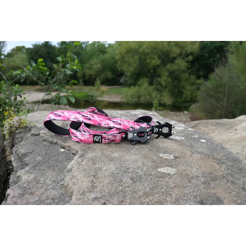 Multifunctional dog leash with pink camo strap and dual black metal clasps