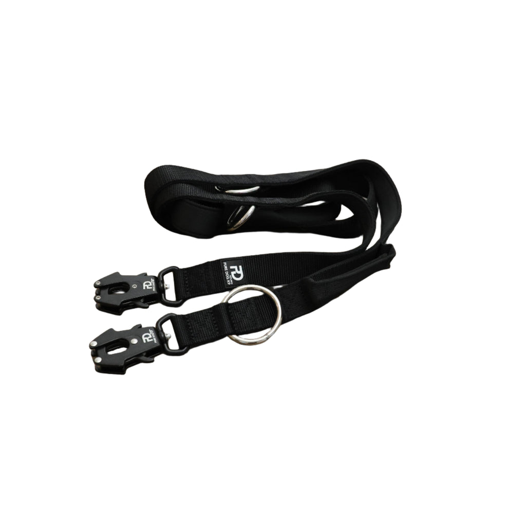 Black dog leash with adjustable strap and two metal clips