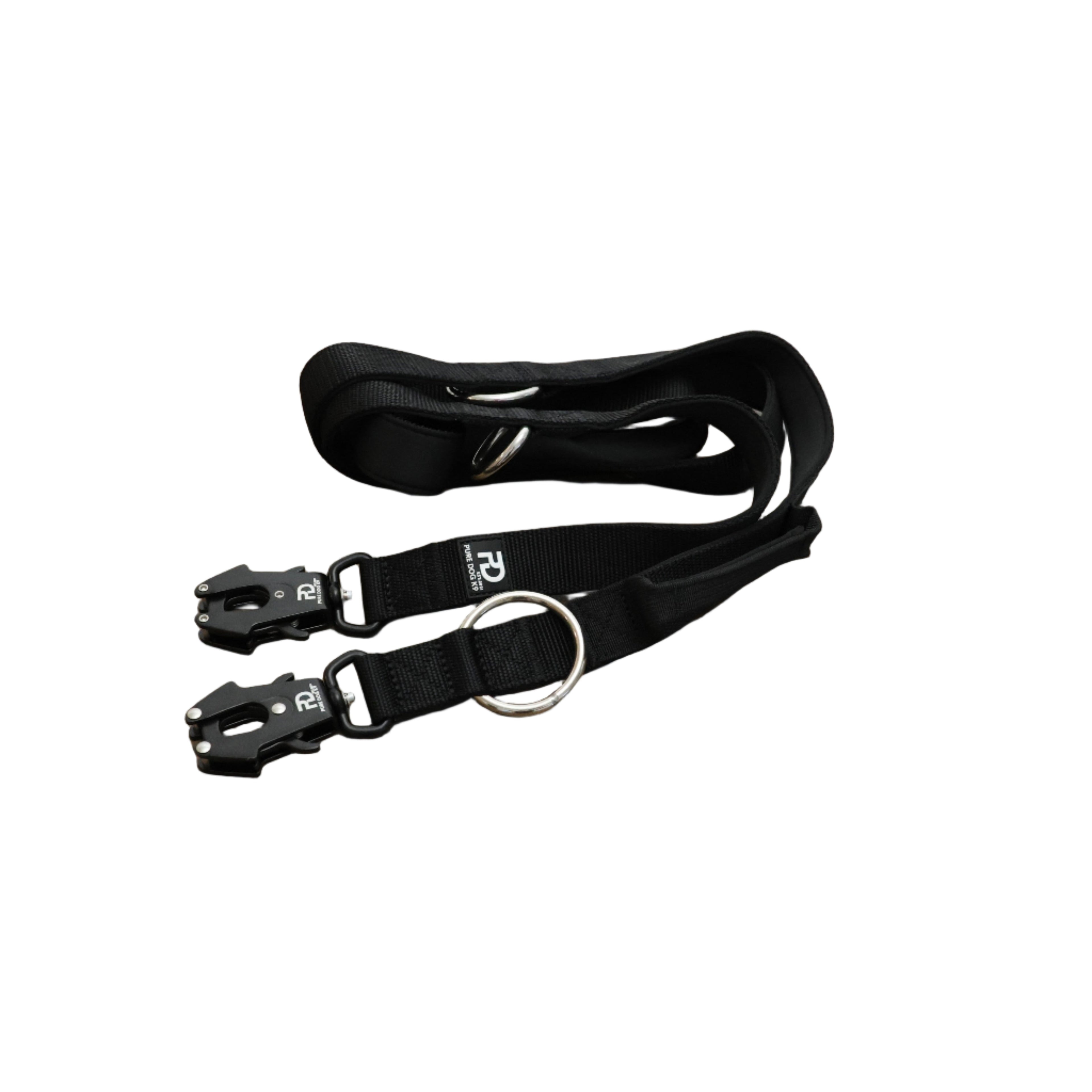 Black dog leash with adjustable strap and two metal clips