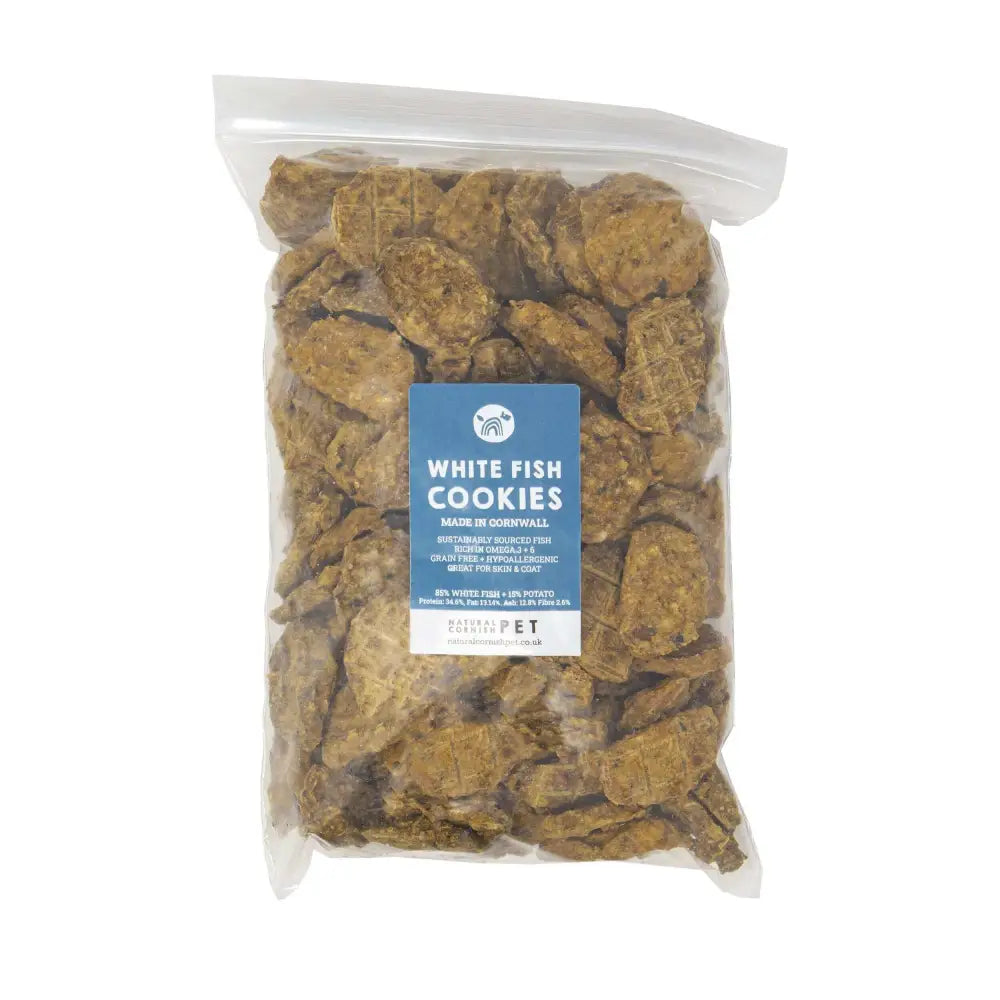 Resealable bag of white fish pet cookies with blue label