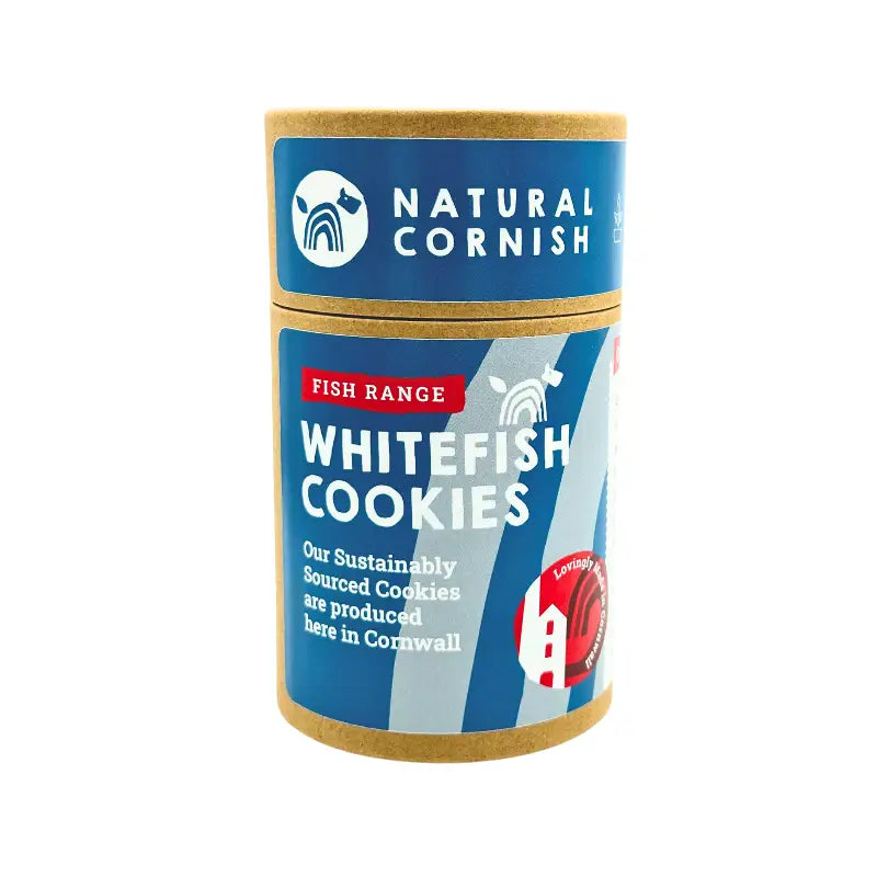 White fish pet cookies in a kraft cardboard canister with blue label