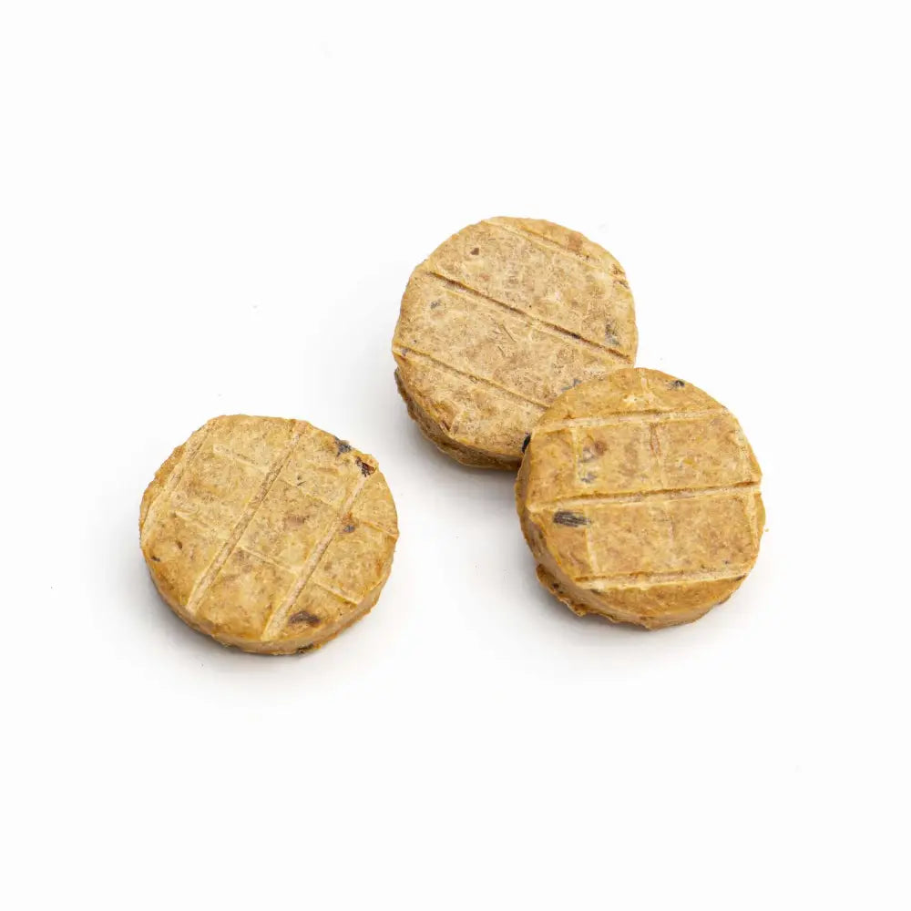 White fish pet cookies, three round biscuits on a clean surface
