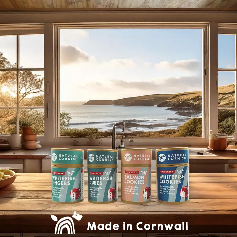White fish pet cookie canisters lined up on a windowsill