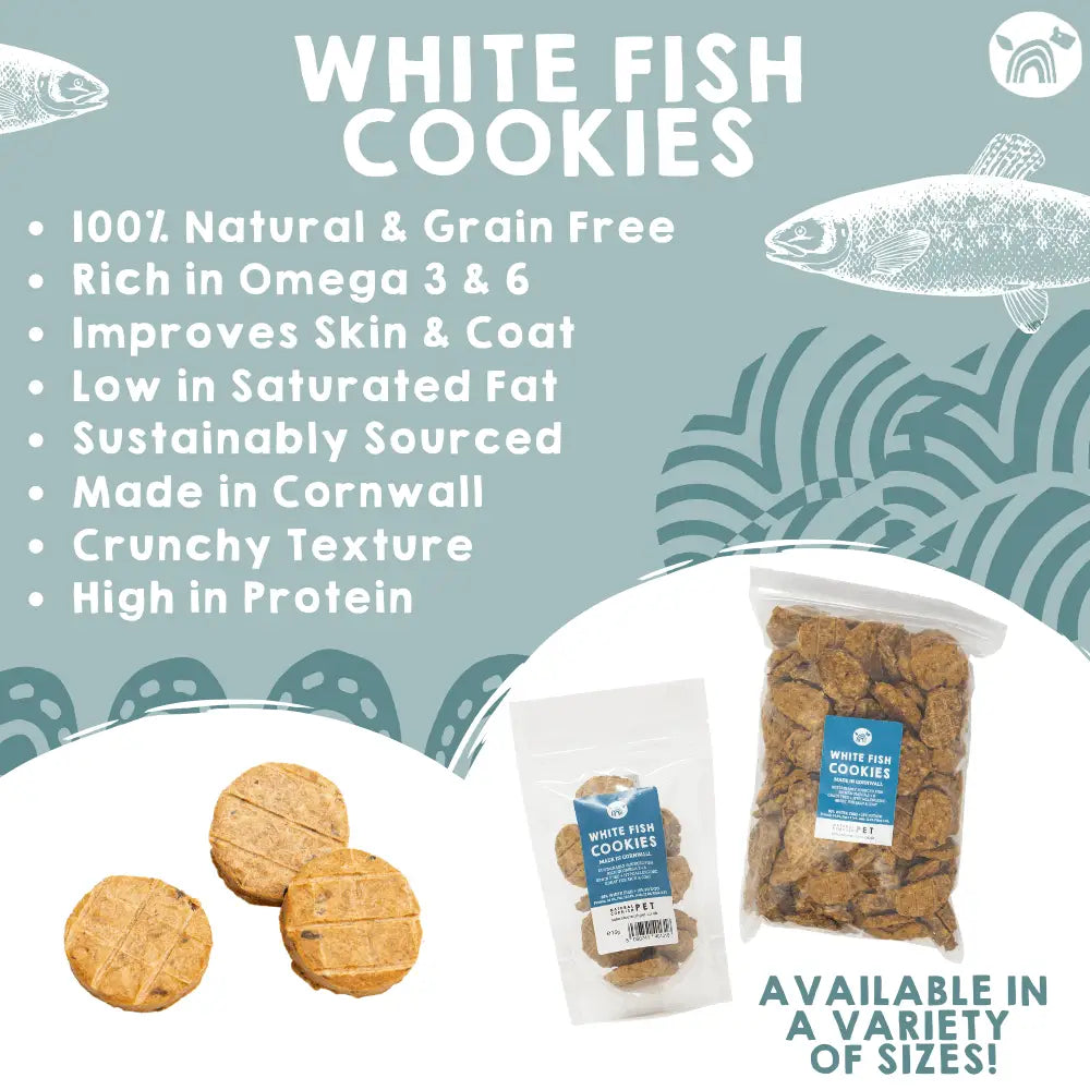 White fish cookie variety graphic showing assorted size packs