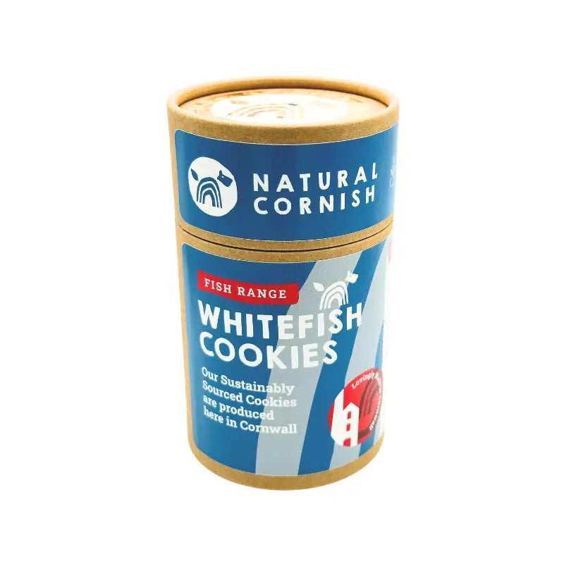 White fish pet cookies canister with lid showing circular seal