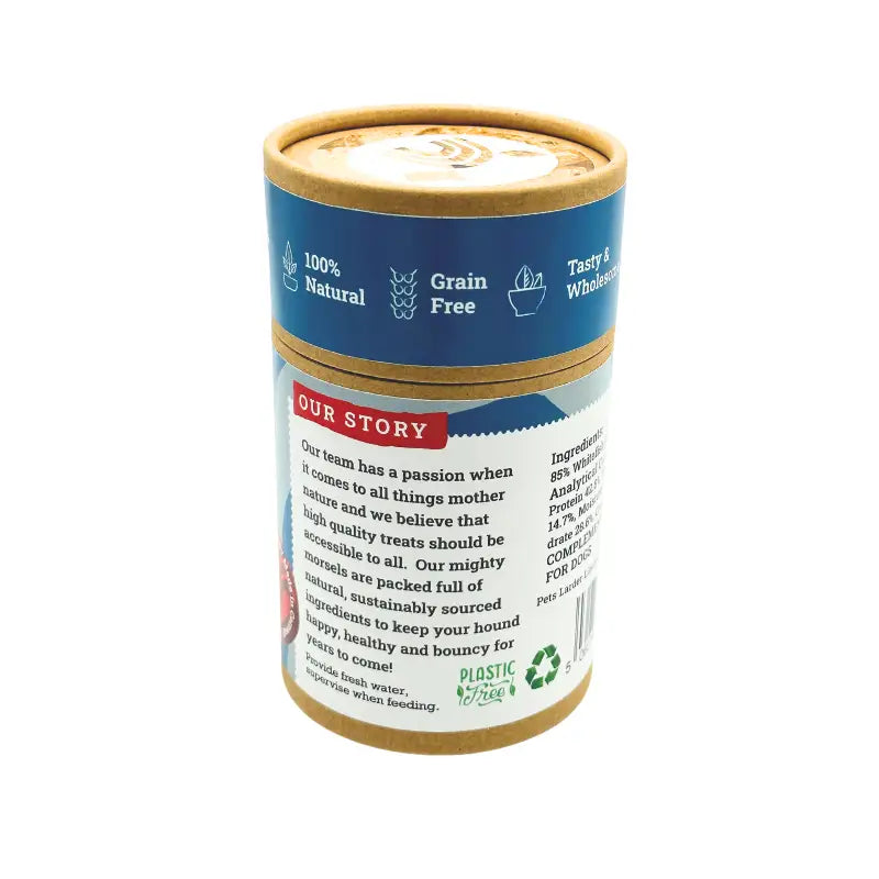 White fish pet cookies canister back label with nutrition and story text
