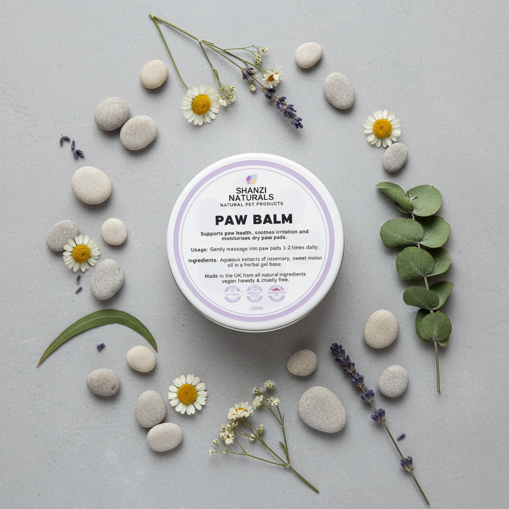 Round pet paw balm tin with purple label, herbs and white stones around
