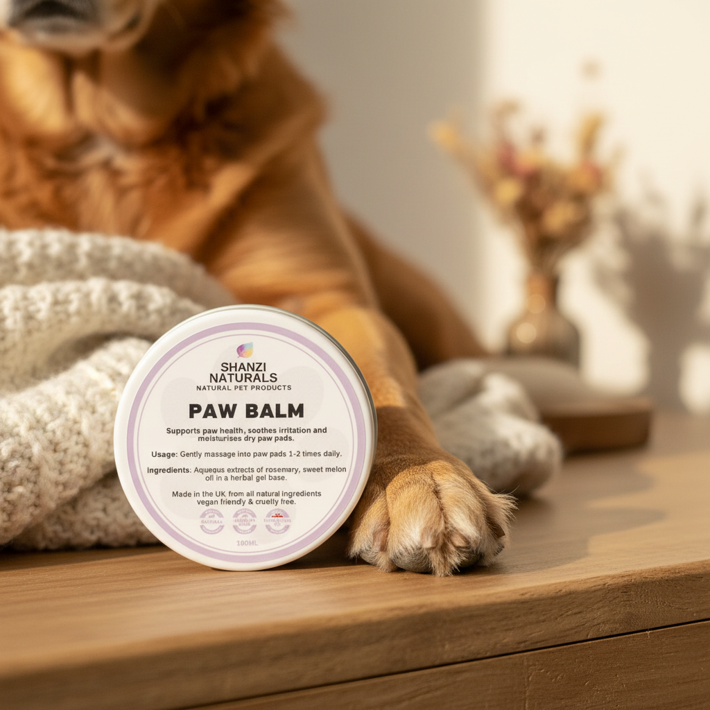 Pet paw balm jar with purple label, next to a dog's paw