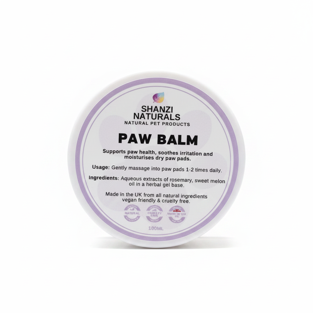 Paw balm jar with purple rim, label tin, 100 ml