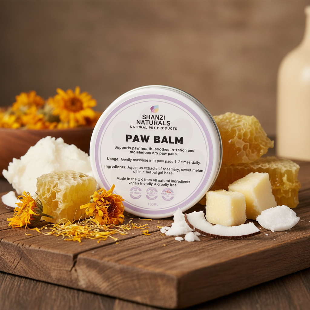 Paw balm tin with purple label, with white balm chunks and wax