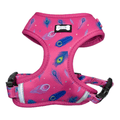 Adjustable dog harness, hot pink with peacock feather pattern and front buckles