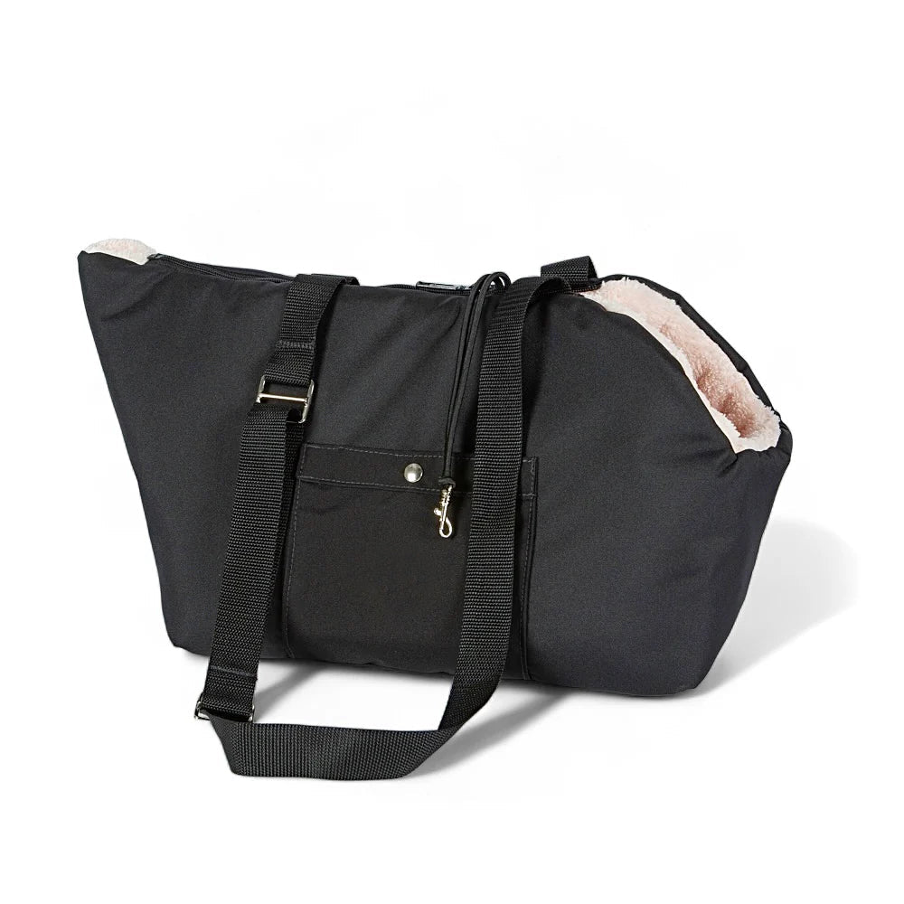 Black dog carrier bag with zipper, adjustable shoulder strap, plush bear hood lining