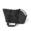 Black dog carrier bag with zipper, adjustable shoulder strap, plush bear hood lining